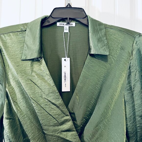 Steve Madden Washed Satin Faux Wrap Dress in Green (L) New with Tag - Picture 7 of 12